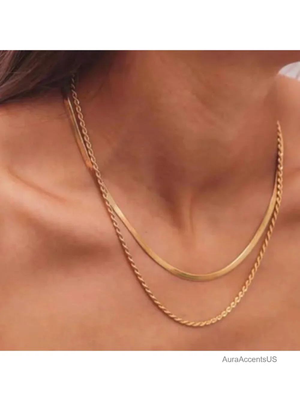 18K Gold Plated Herringbone Necklace Set Women 2 Pack Layered Chain Choker